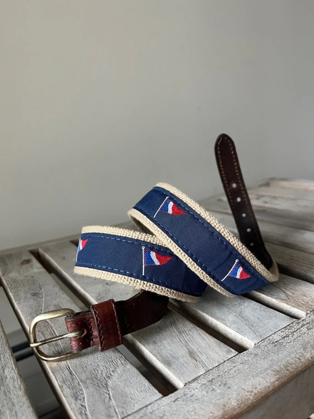 Nautical Flag Canvas Belt Leather Trim Preppy Sailing Adjustable 28–32